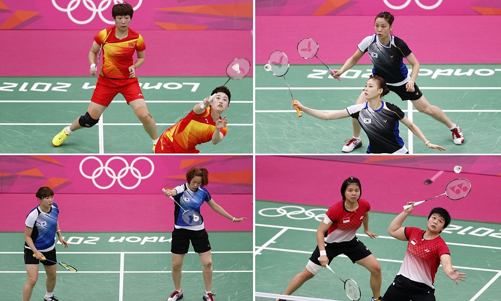 Combo photo of the women's doubles pair of China's Wang and Yang, South Korea's Jung and Kim, Indonesia's Polii and Jauhari and South Korea's Ha and Kim during their matches during the London 2012 Olympics