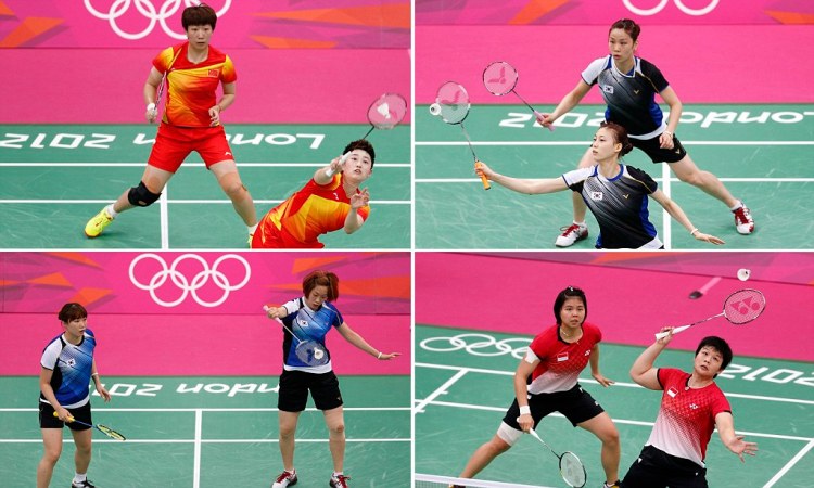 Combo photo of the women's doubles pair of China's Wang and Yang, South Korea's Jung and Kim, Indonesia's Polii and Jauhari and South Korea's Ha and Kim during their matches during the London 2012 Olympics